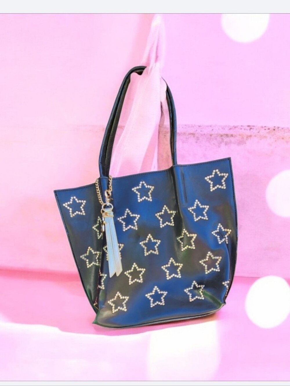 Vintage ☆Betsey  Star-Embellished Black Tote Bag with Tassel● NBNT ● Firm